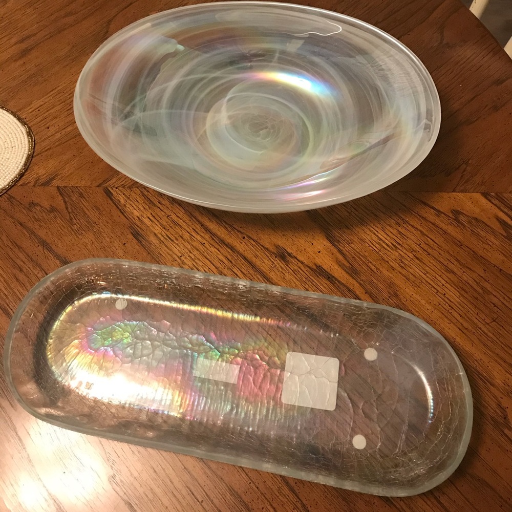 Iridescent glass bowl & tray set